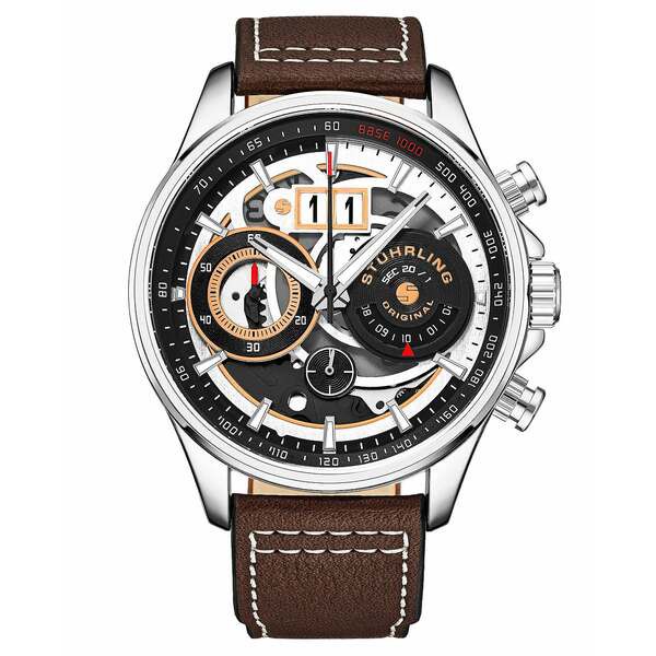 スターリング メンズ 腕時計 アクセサリー Men's Quartz Brown Genuine Leather Strap Watch 45mm Black