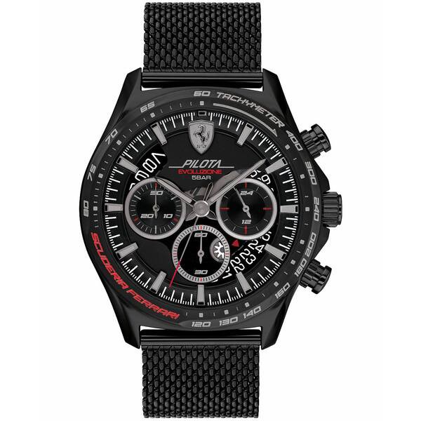 フェラーリ メンズ 腕時計 アクセサリー Men's Chronograph Pilota Evo Black-Tone Stainless Steel Mesh Bracelet Watch 44mm Black