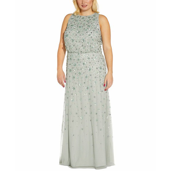 アドリアナ パペル レディース ワンピース トップス Plus Size Beaded Gathered-Waist Gown Frosted Sage