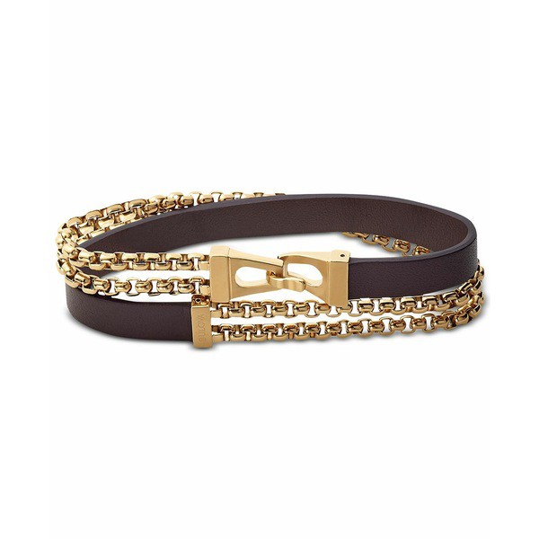 ブロバ メンズ ブレスレット・バングル・アンクレット アクセサリー Men's Double-Chain & Leather Wrap Bracelet in Gold-Tone Stainles