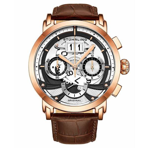 スターリング メンズ 腕時計 アクセサリー Men's Chronograph Brown Alligator Embossed Genuine Leather Strap Watch 47mm White