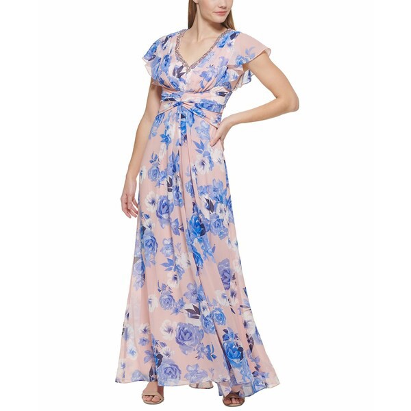 エリザジェイ レディース ワンピース トップス Floral-Print Embellished Flutter-Sleeve Gown Blush