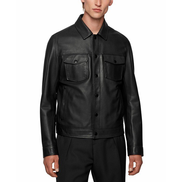 ヒューゴボス メンズ ジャケット＆ブルゾン アウター BOSS Men's Trucker-Style Leather Jacket Black