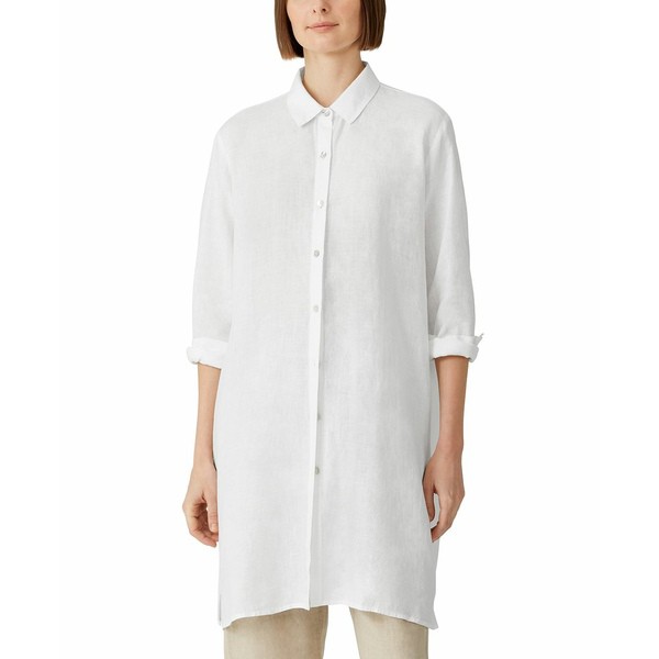 エイリーンフィッシャー レディース カットソー トップス Petite Solid Button-Up Classic-Collar Shirt White