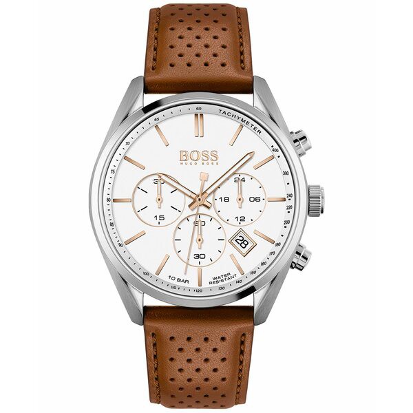 ボス メンズ 腕時計 アクセサリー Men's Chronograph Champion Brown Perforated Leather Strap Watch 44mm Silver