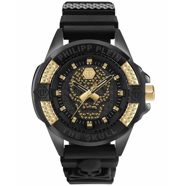 フィリッププレイン メンズ 腕時計 アクセサリー Men's The Skull Gold-Tone Crystal & Black Silicone Strap Watch 44mm Black