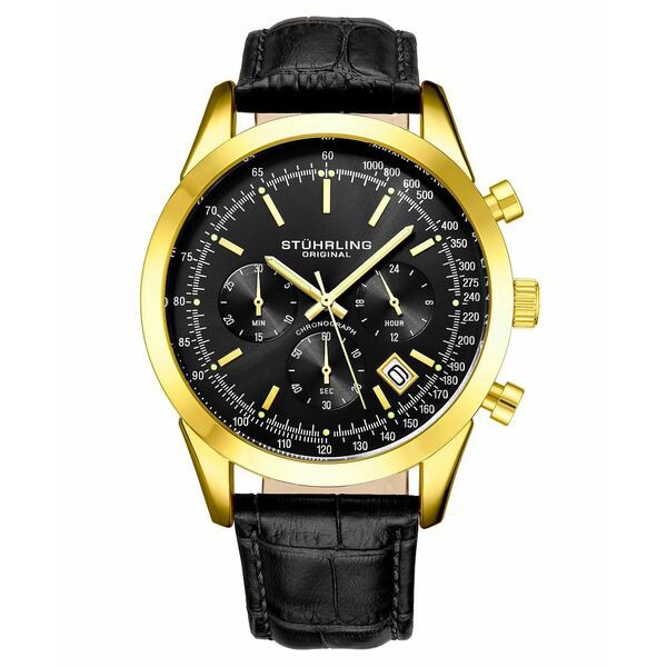 スターリング メンズ 腕時計 アクセサリー Men's Quartz Chronograph Date Black Alligator Embossed Genuine Leather Strap Watch 44mm