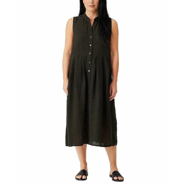 エイリーンフィッシャー レディース ワンピース トップス Petite Organic Linen Mandarin-Collar Pleated Sleeveless Dress Seaweed