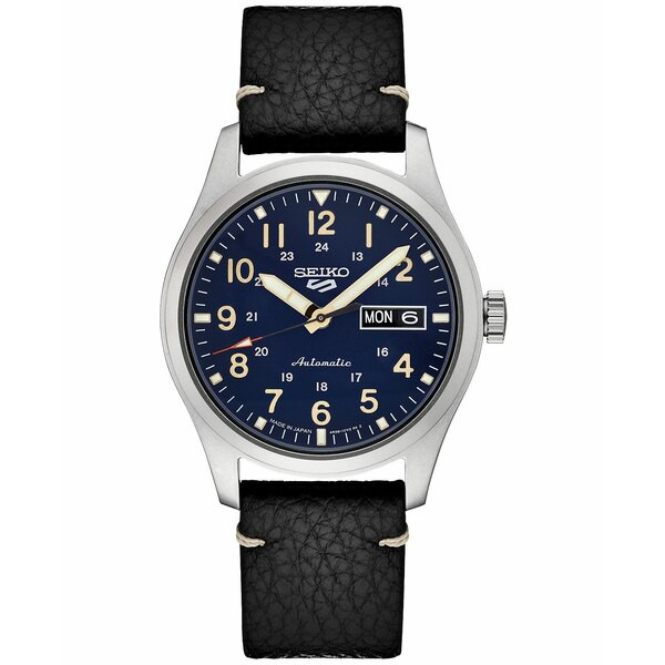 セイコー メンズ 腕時計 アクセサリー Men's Automatic 5 Sports Black Leather Strap Watch 43mm Blue