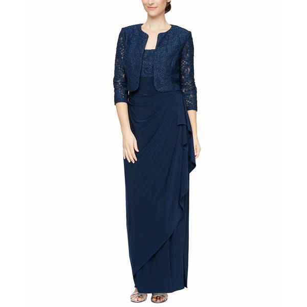 アレックスイブニングス レディース ワンピース トップス Petite 2-Pc. Lace Bolero & Gown Set Navy