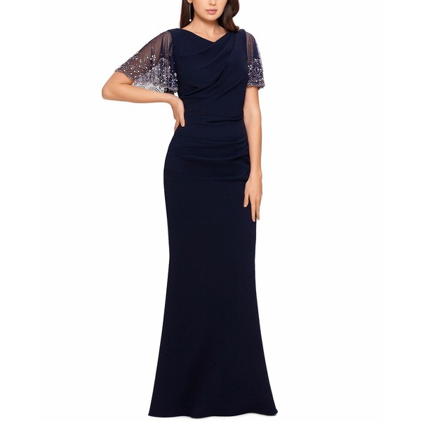 ベッツィ アンド アダム レディース ワンピース トップス Beaded-Sleeve Gown Navy Blue