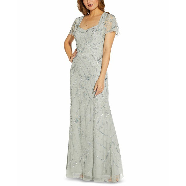 アドリアナ パペル レディース ワンピース トップス Petite Beaded Evening Gown Frosted Sage