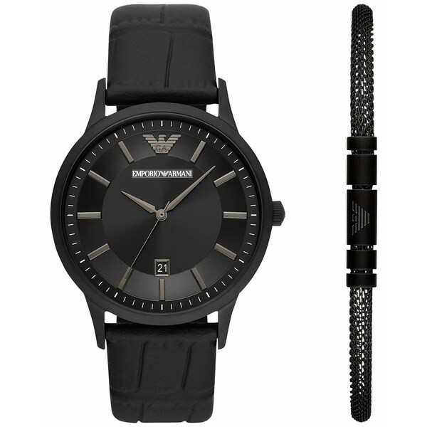 エンポリオ アルマーニ メンズ 腕時計 アクセサリー Men's Black Leather Strap Watch 43mm & Black Mesh Bracelet Gift Set Clear