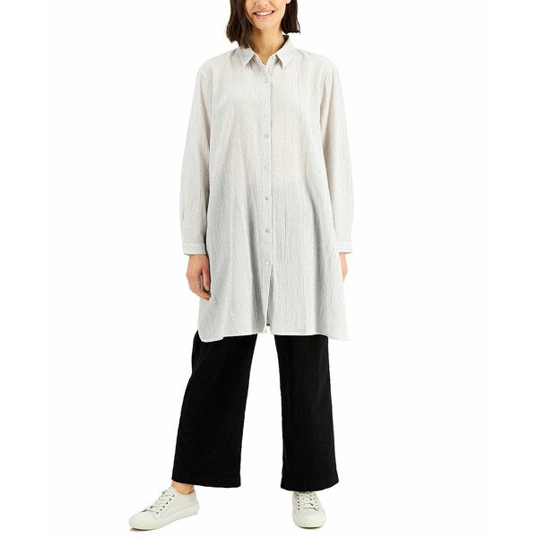 エイリーンフィッシャー レディース カットソー トップス Women's Classic-Collar Knee-Length Pinstriped Shirt White