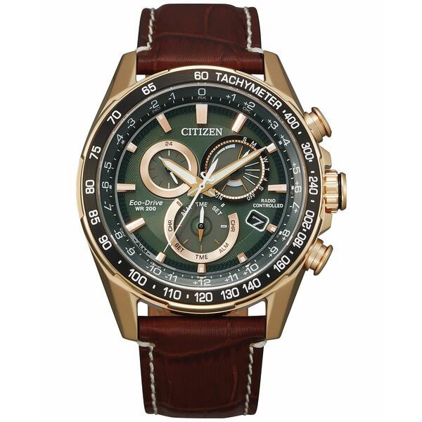 シチズン メンズ 腕時計 アクセサリー Eco-Drive Men's Chronograph PCAT Brown Leather Strap Watch 43mm Gold