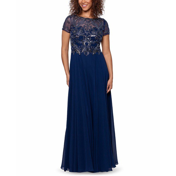 エスケープ レディース ワンピース トップス Women's Embellished Short Sleeve Chiffon Gown Navy