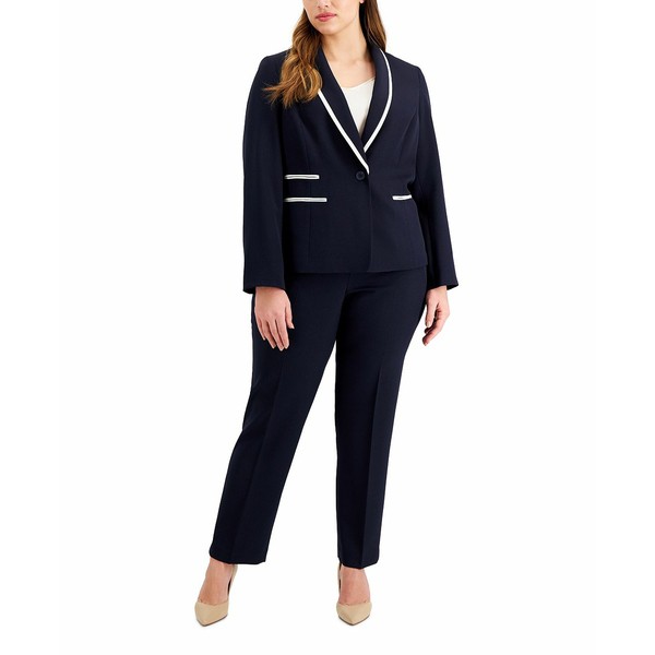 ル スーツ レディース カジュアルパンツ ボトムス Plus Size Contrast-Trim Slim-Leg Pantsuit Midnight Navy/vanilla Ice