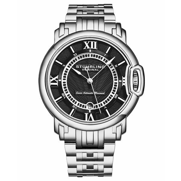 スターリング メンズ 腕時計 アクセサリー Men's Swiss Silver-Tone Stainless Steel Bracelet Automatic Watch 51mm Black