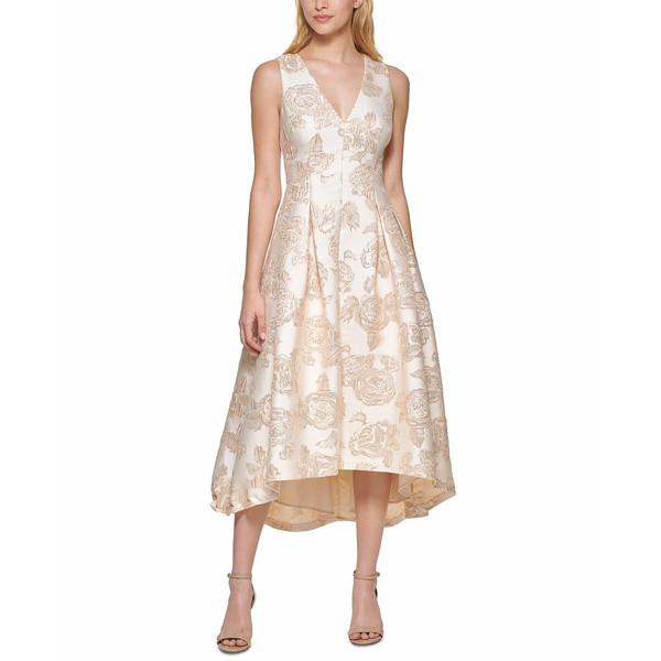 エリザジェイ レディース ワンピース トップス Floral-Jacquard High-Low Midi Dress Champagne