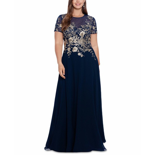 ベッツィ アンド アダム レディース ワンピース トップス Plus Size Beaded Embroidered Gown Navy/gold