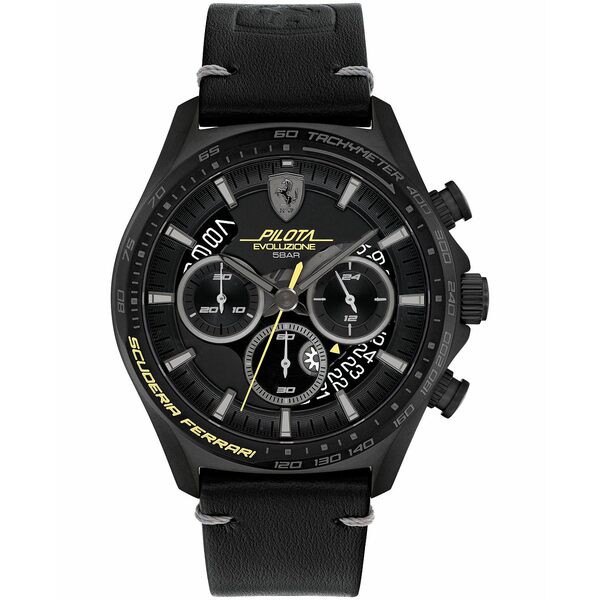 フェラーリ メンズ 腕時計 アクセサリー Men's Chronograph Pilota Evo Black Leather Strap Watch 44mm Black