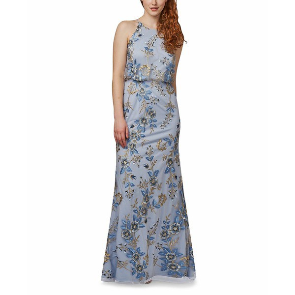 アドリアナ パペル レディース ワンピース トップス Floral-Embroidered Gown Sky Blue