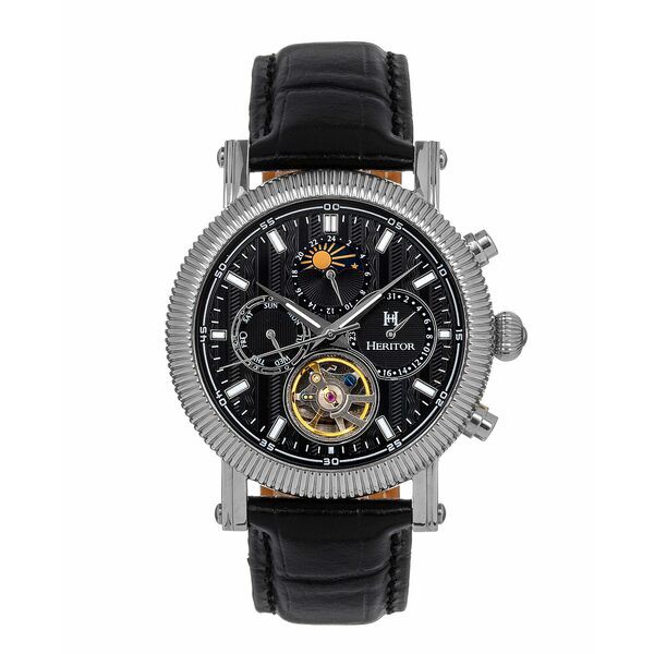 ヘリトール レディース 腕時計 アクセサリー Women's Automatic Barnsley Semi Skeleton Black Genuine Leather Band Watch, 48mm Silver