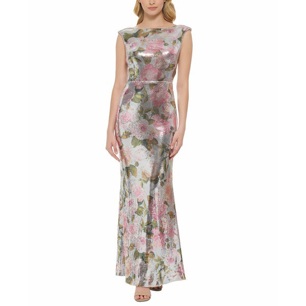 エリザジェイ レディース ワンピース トップス Women's Floral-Sequined Gown Silver