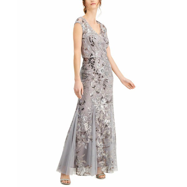 アレックスイブニングス レディース ワンピース トップス Embroidered Gown Silver