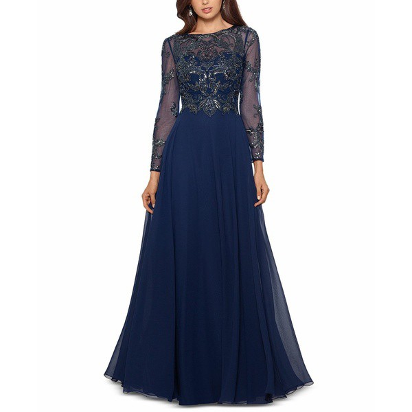 エスケープ レディース ワンピース トップス Petite Mesh-Sleeve Embellished Gown Navy Blue