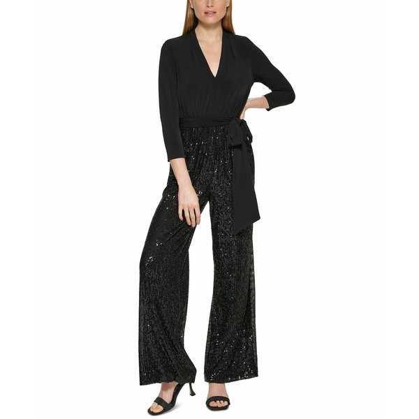 カルバンクライン レディース ワンピース トップス Jersey-Top Sequin Wide-Leg Jumpsuit Black