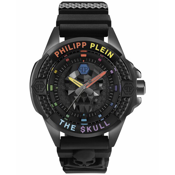 フィリッププレイン メンズ 腕時計 アクセサリー Men's The Skull Rainbow & Black Guilloché Silicone Strap Watch 44mm Black