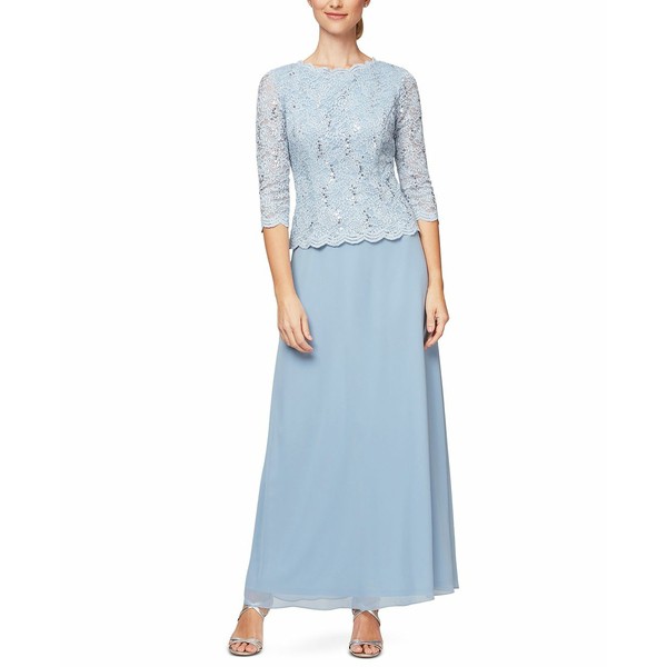 アレックスイブニングス レディース ワンピース トップス Women's Sequin Embellished Lace Top Gown Sky Blue