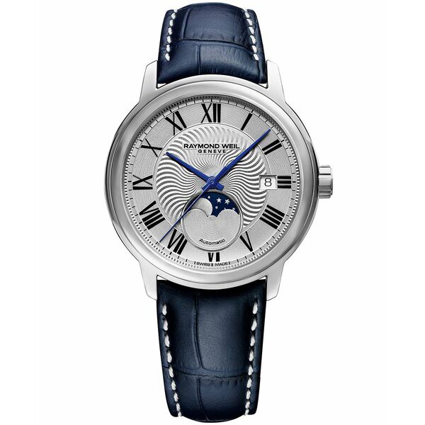 レイモンドウェイル メンズ 腕時計 アクセサリー Men's Swiss Maestro Moonphase Dark Blue Leather Strap Watch 39.5mm No Color