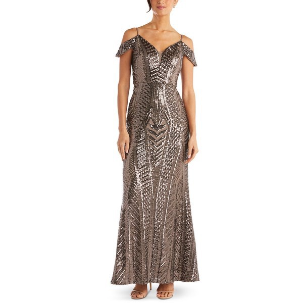 激安ブランド ナイトウェイ レディース ワンピース トップス Sequin Cold Shoulder Gown Mocha Brown Gold 超大特価 Kishakatoliketiranedurres Com