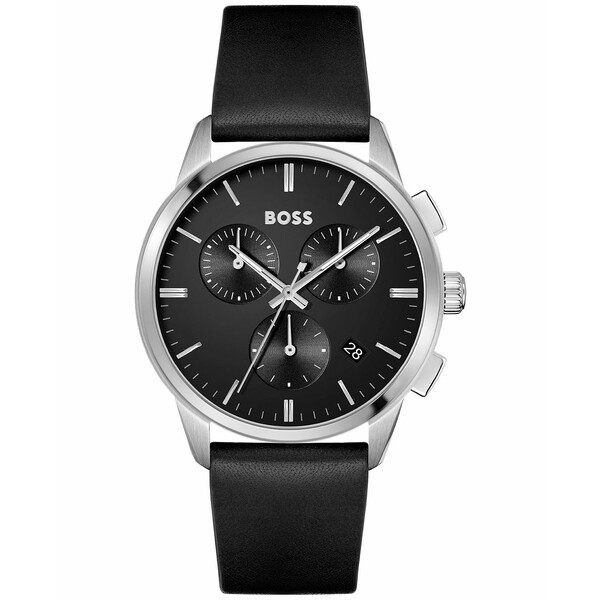 ボス メンズ 腕時計 アクセサリー Dapper Men's Chronograph Black Leather Strap Watch 43mm Silver