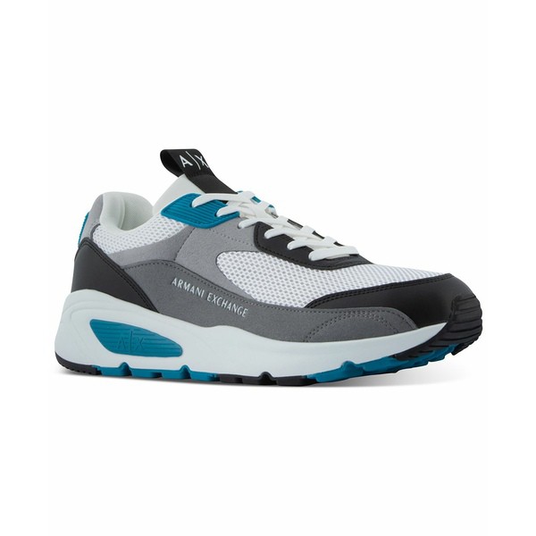 アルマーニ メンズ スニーカー シューズ Men's Thick Sole Colorblock Grey, Black & Turquoise Fashion Sneaker Grey + Black + Turquoi