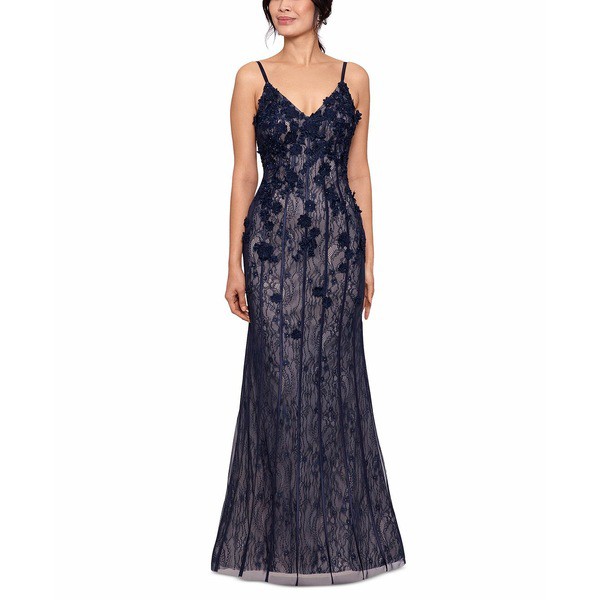 エスケープ レディース ワンピース トップス Floral Lace Gown Navy Champagne