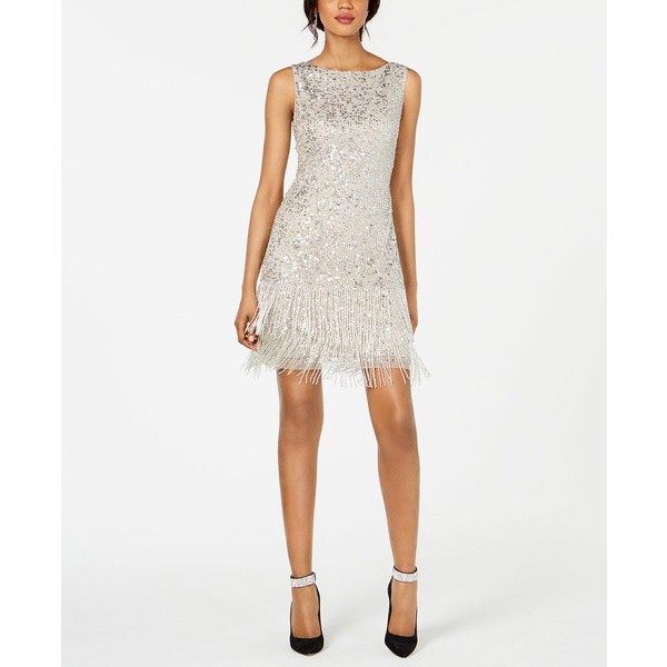 アドリアナ パペル レディース ワンピース トップス Petite Sequined & Beaded Fringe Dress Silver