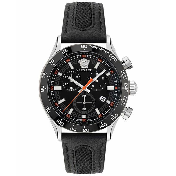 ヴェルサーチ メンズ 腕時計 アクセサリー Men's Swiss Chronograph Hellenyium Black Leather Strap Watch 44mm Stainless Steel