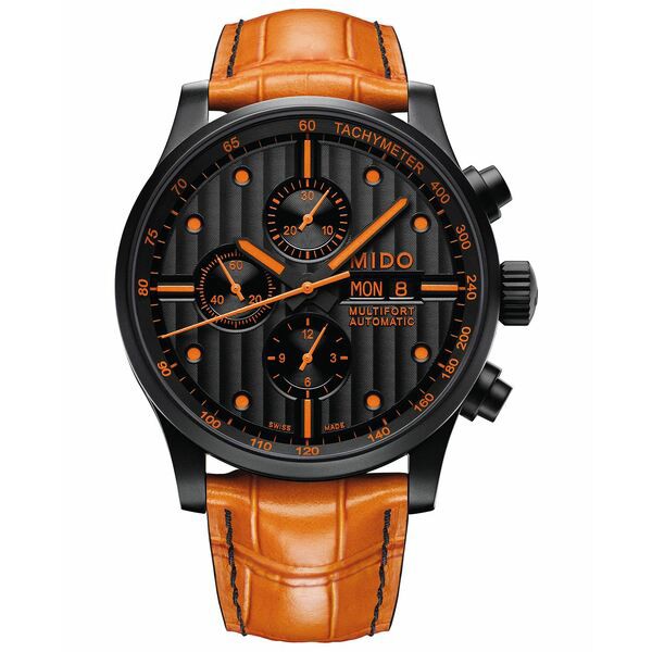 ミド メンズ 腕時計 アクセサリー Men's Swiss Automatic Multifort Orange Leather & Interchangeable Black Leather Strap Watch 44mm