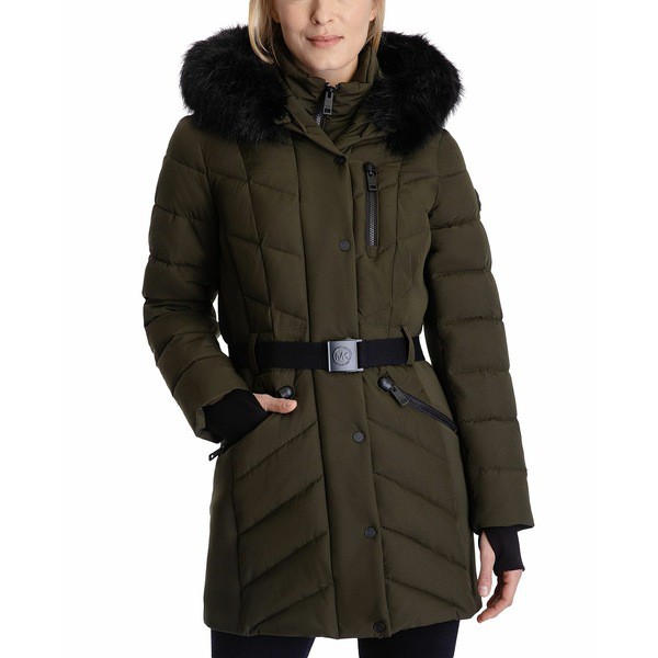 マイケルコース レディース ジャケット＆ブルゾン アウター Women's Belted Faux-Fur-Trim Hooded Puffer Coat, Created for Macy's Oliv