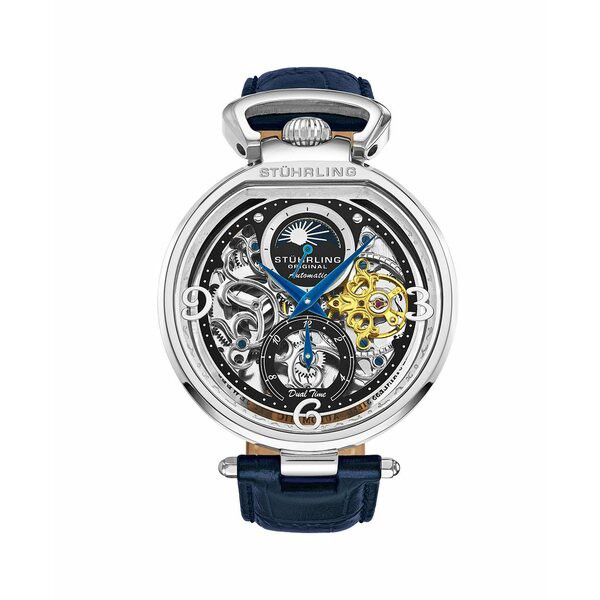 スターリング メンズ 腕時計 アクセサリー Men's Automatic Blue Alligator Embossed Genuine Leather Strap Watch 46mm Black