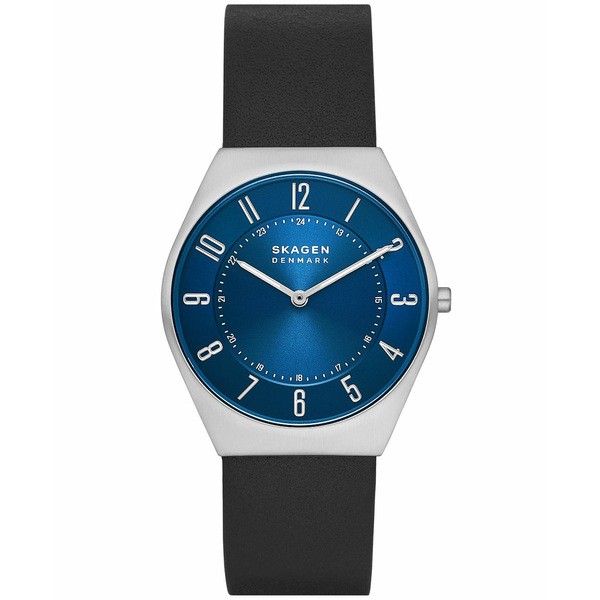 スカーゲン メンズ 腕時計 アクセサリー Men's Grenen Ultra Slim in Black Leather Strap Watch, 37mm Silver-Tone, Black