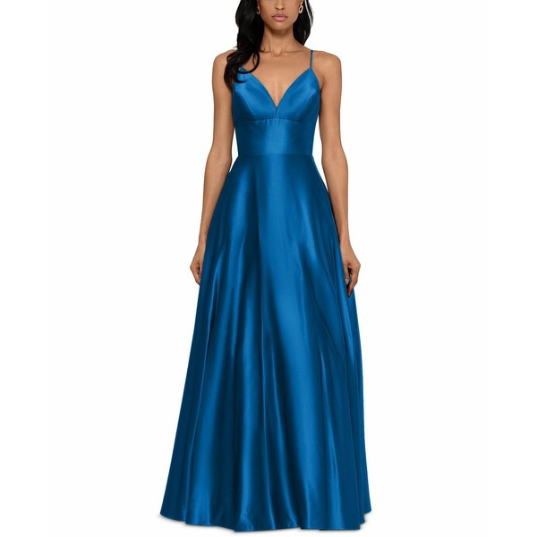 ベッツィ アンド アダム レディース ワンピース トップス Satin V-Neck Ball Gown Azure