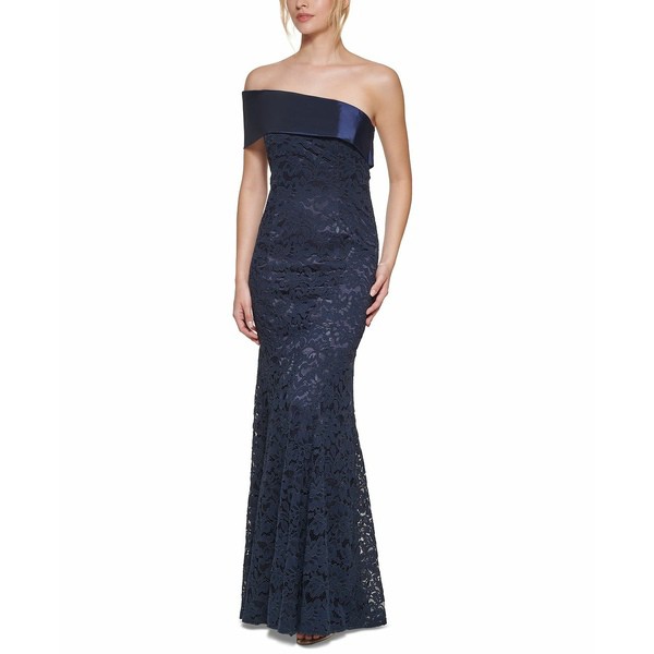 エリザジェイ レディース ワンピース トップス Off-The-Shoulder Lace-Contrast Mermaid Gown Navy