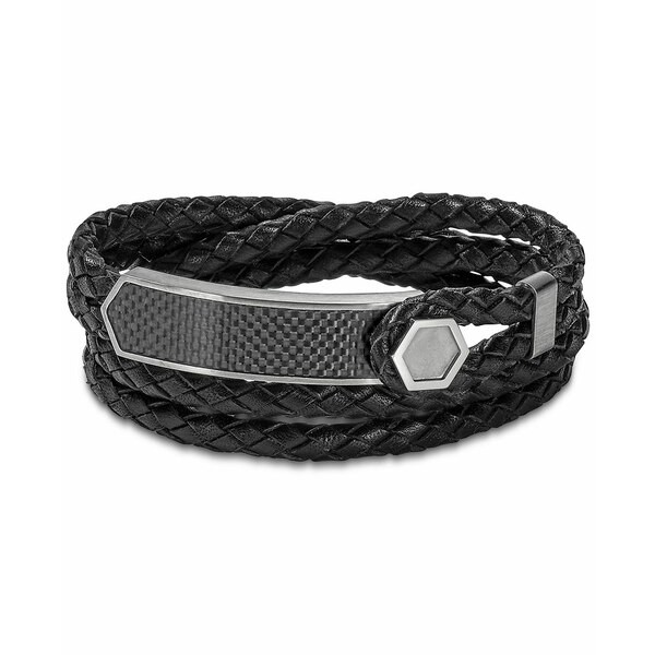 ブロバ メンズ ブレスレット・バングル・アンクレット アクセサリー Men's Braided Leather Wrap Bracelet in Stainless Steel Leather