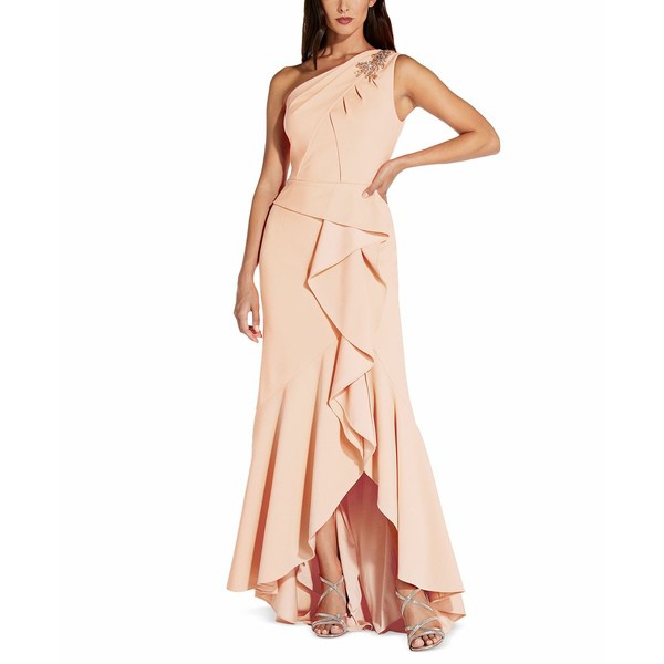 アドリアナ パペル レディース ワンピース トップス One-Shoulder Beaded Ruffled Gown Blush