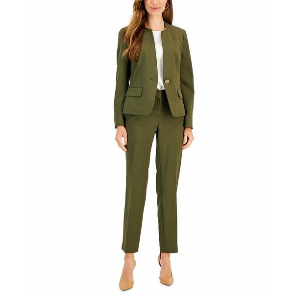 ル スーツ レディース カジュアルパンツ ボトムス Single-Button Blazer and Slim-Fit Pantsuit, Regular and Petite Sizes Light Loden