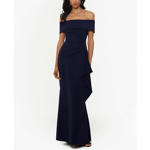 エスケープ レディース ワンピース トップス Petite Off-The-Shoulder Ruffled Gown Navy